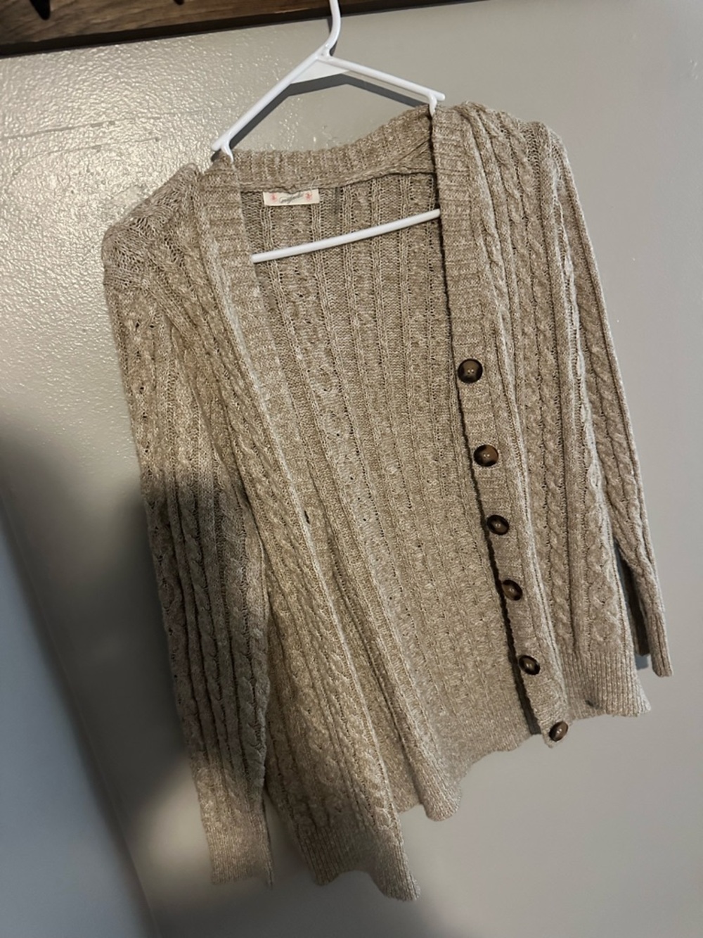 Beige Cable Knit Button-Down Women's Cardigan Sweater